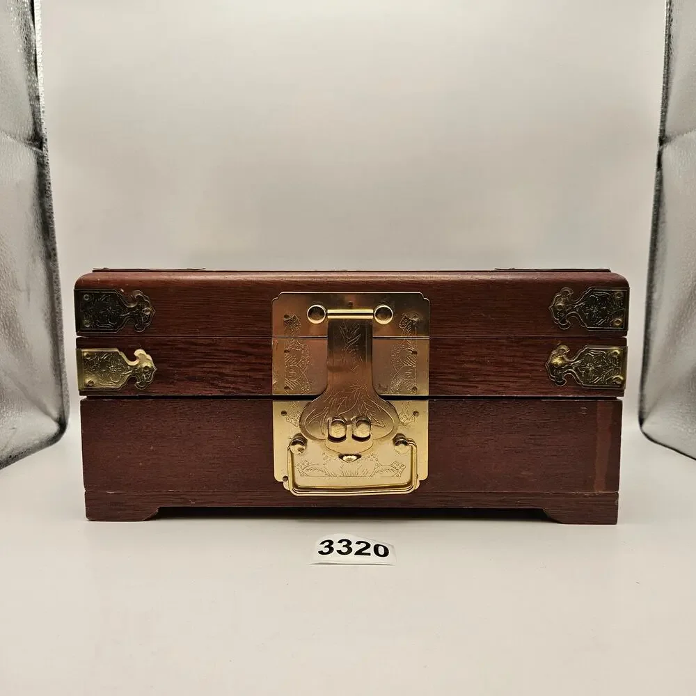 VINTAGE CHINESE STYLE WOODEN JEWELRY BOX BRASS HARDWARE LOCKING CASE NO LOCK KEY